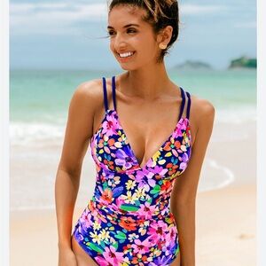 Cupshe Bright Floral V-Neck One-Piece Swimsuit in Multi